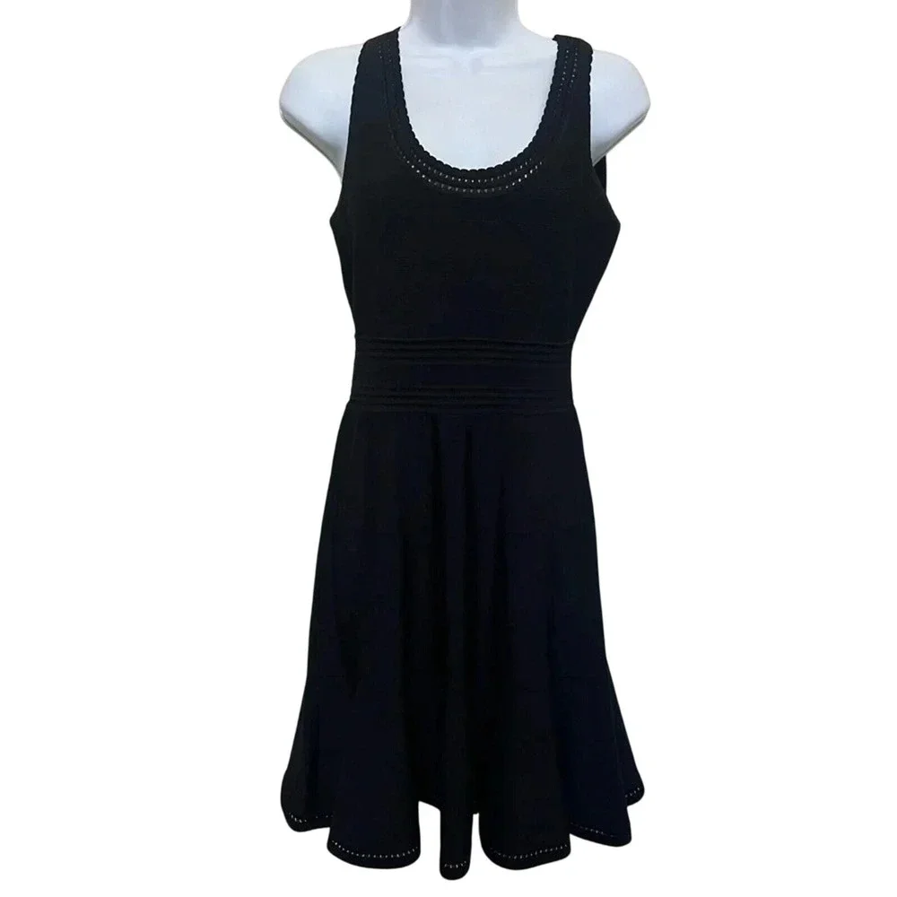 Diane von Furstenberg DVF Black Ribbed Knit Pointelle Fit and Flare Dress Small‎